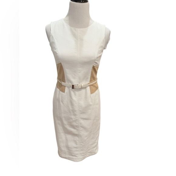 Anne Klein Dresses & Skirts - Anne Klein Cream and Tan Sheath Dress w/Belt  Size 2
